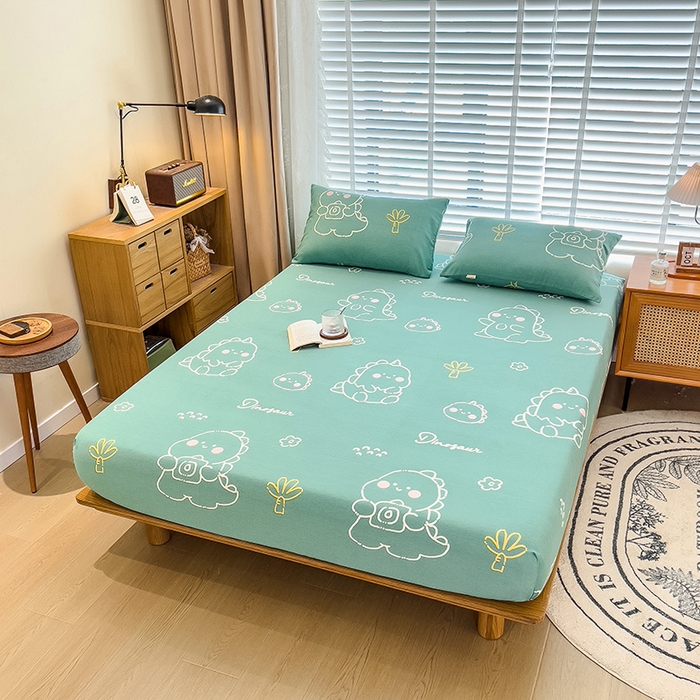 91家纺网 家纺一手货源 找家纺 芃成家纺 2023新款磨毛单床笠 恐龙王国-绿