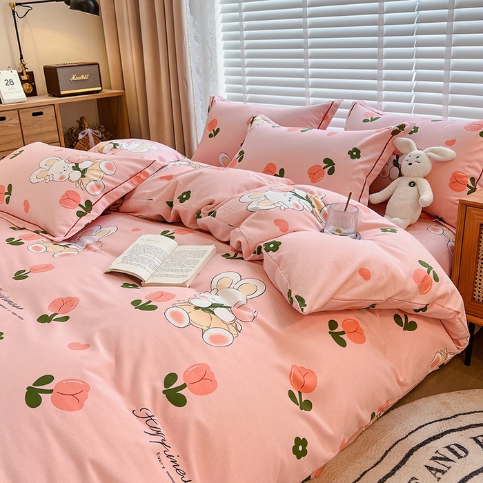 91家纺网 家纺一手货源 找家纺 芃成家纺 2023新品磨毛被套 花花兔-粉