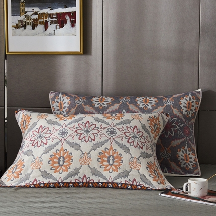 91家纺网 家纺一手货源 找家纺 朴尔-2023新款波西米亚风全棉四层纱布枕巾 52*78 连理枝黄