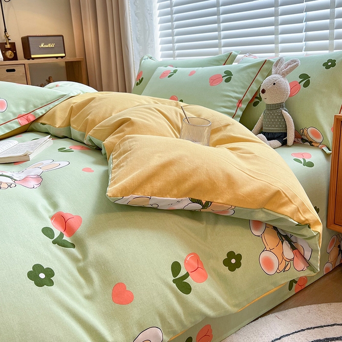 91家纺网 家纺一手货源 找家纺 芃成家纺 2023新品磨毛被套 花花兔-绿