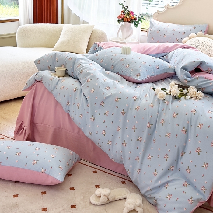 91家纺网 家纺一手货源 找家纺 梦莱斯 2023新款小竺棉印花四件套 花溪蓝