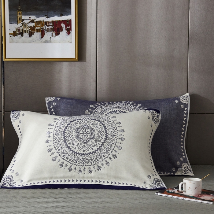 91家纺网 家纺一手货源 找家纺 朴尔-2023新款波西米亚风全棉四层纱布枕巾 52*78 太阳神蓝