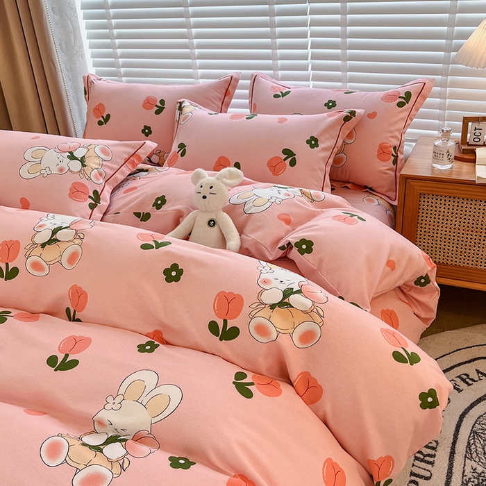 91家纺网 家纺一手货源 找家纺 芃成家纺 2023新品磨毛被套 花花兔-粉