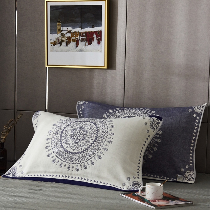 91家纺网 家纺一手货源 找家纺 朴尔-2023新款波西米亚风全棉四层纱布枕巾 52*78 太阳神蓝