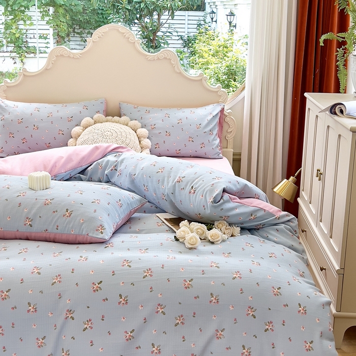 91家纺网 家纺一手货源 找家纺 梦莱斯 2023新款小竺棉印花四件套 花溪蓝