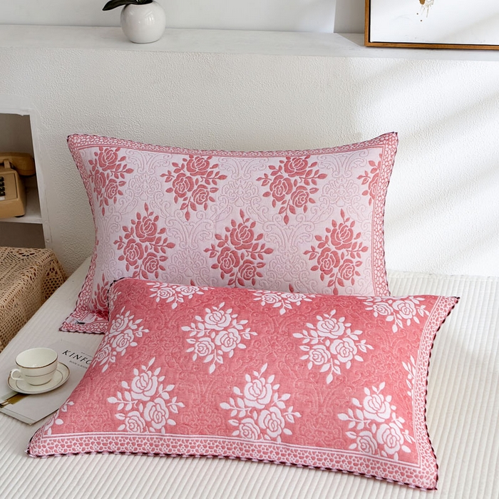 91家纺网 家纺一手货源 找家纺 朴尔-2023新款AB版蜂窝提花锁边立体枕巾 50*76 手捧蔷薇-粉
