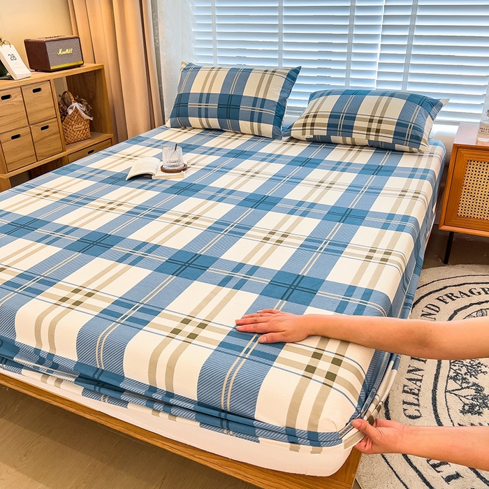 91家纺网 家纺一手货源 找家纺 芃成家纺 2023新款磨毛单床笠 简约格-蓝