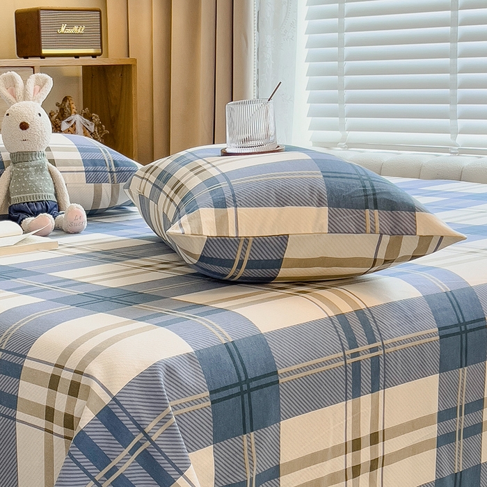 91家纺网 家纺一手货源 找家纺 芃成家纺 2023新款磨毛系列磨毛枕套 简约格-蓝