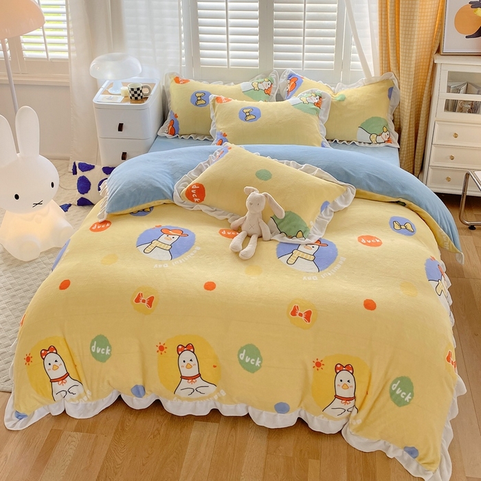 91家纺网 家纺一手货源 找家纺 宜家坊 2023新款直播韩版印花花边款牛奶绒四件套 加油鸭