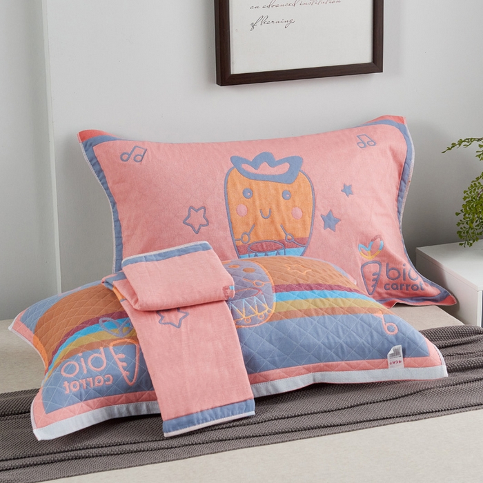 91家纺网 家纺一手货源 找家纺 朴尔-2023新款彩色糖果系列纯棉三层纱布枕巾-朴尔 调皮胡萝卜粉