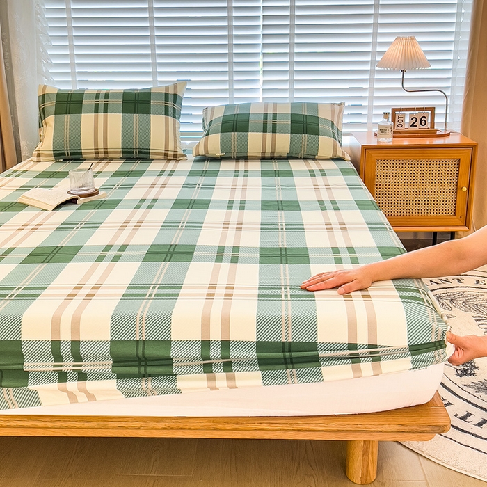 91家纺网 家纺一手货源 找家纺 芃成家纺 2023新款磨毛单床笠 简约格-绿