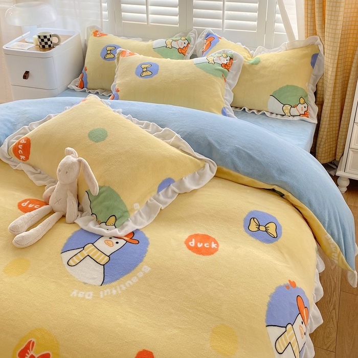 91家纺网 家纺一手货源 找家纺 宜家坊 2023新款直播韩版印花花边款牛奶绒四件套 加油鸭