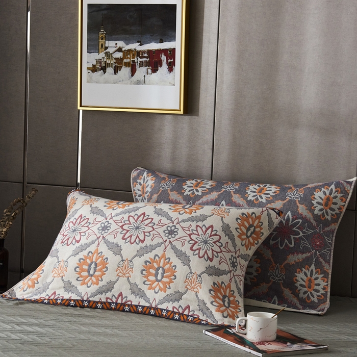 91家纺网 家纺一手货源 找家纺 朴尔-2023新款波西米亚风全棉四层纱布枕巾 52*78 连理枝黄