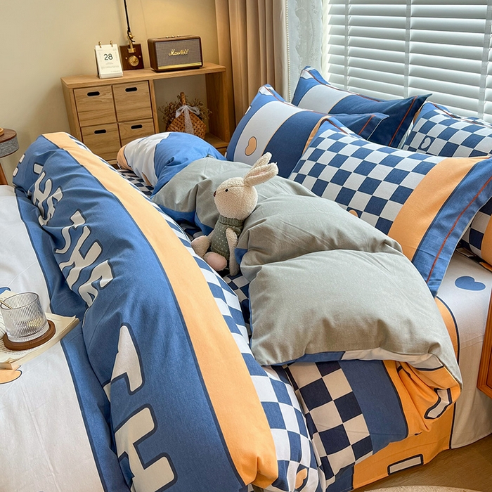 91家纺网 家纺一手货源 找家纺 芃成家纺 2023新款磨毛四件套 字母格