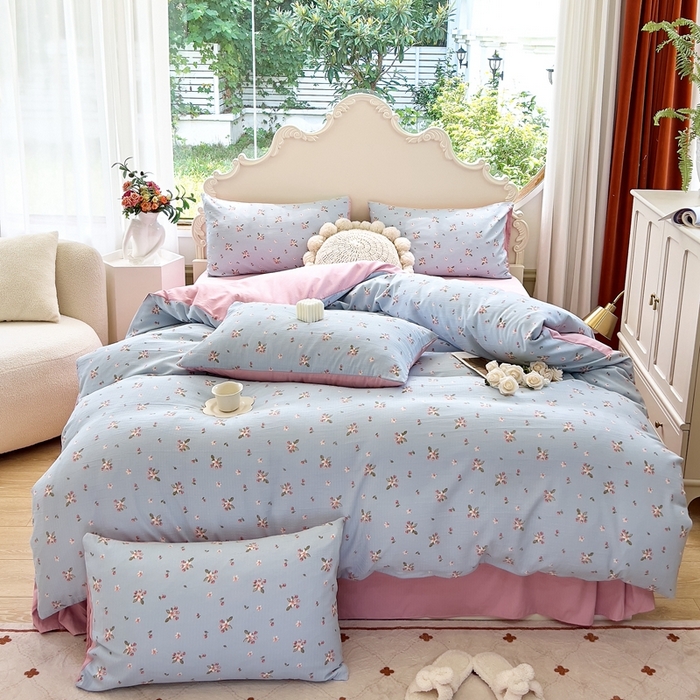 91家纺网 家纺一手货源 找家纺 梦莱斯 2023新款小竺棉印花四件套 花溪蓝