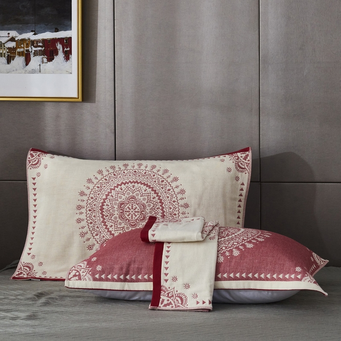 91家纺网 家纺一手货源 找家纺 朴尔-2023新款波西米亚风全棉四层纱布枕巾 52*78 太阳神红