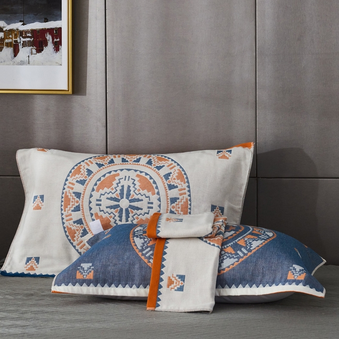 91家纺网 家纺一手货源 找家纺 朴尔-2023新款波西米亚风全棉四层纱布枕巾 52*78 塞尔维亚藏青