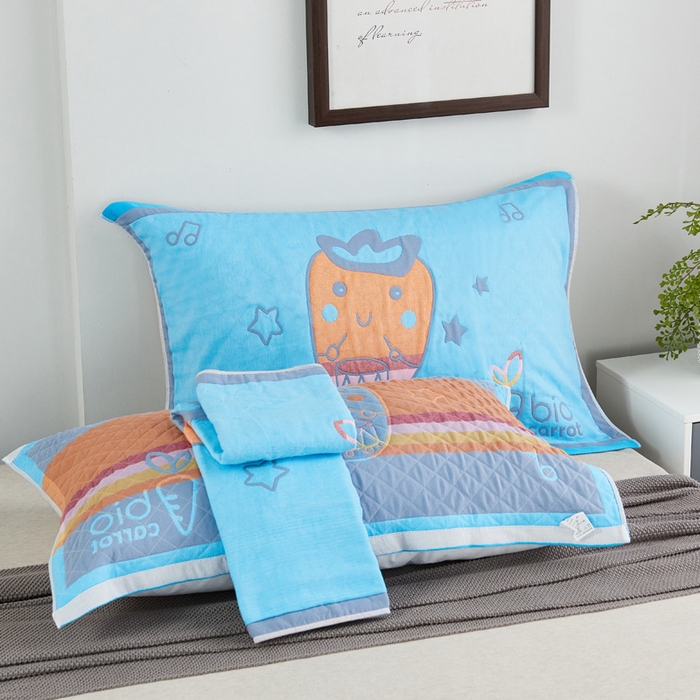 91家纺网 家纺一手货源 找家纺 朴尔-2023新款彩色糖果系列纯棉三层纱布枕巾-朴尔 调皮胡萝卜蓝