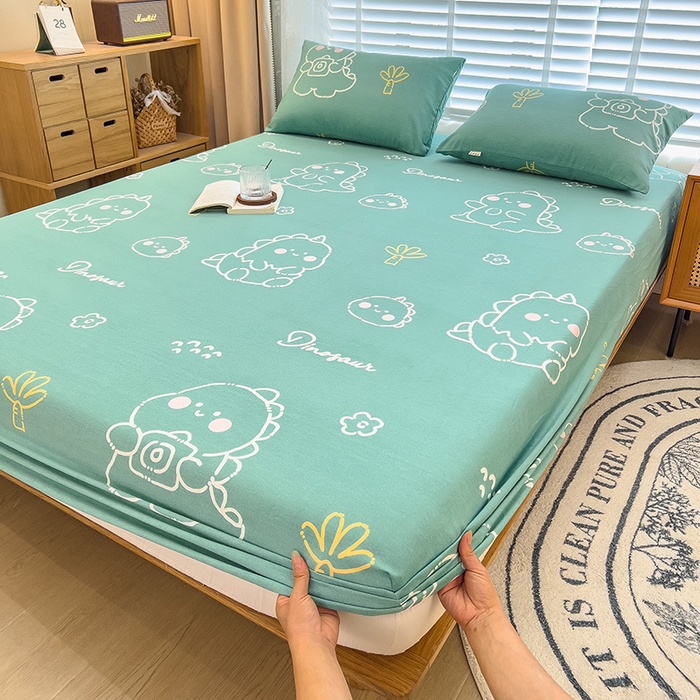 91家纺网 家纺一手货源 找家纺 芃成家纺 2023新款磨毛单床笠 恐龙王国-绿