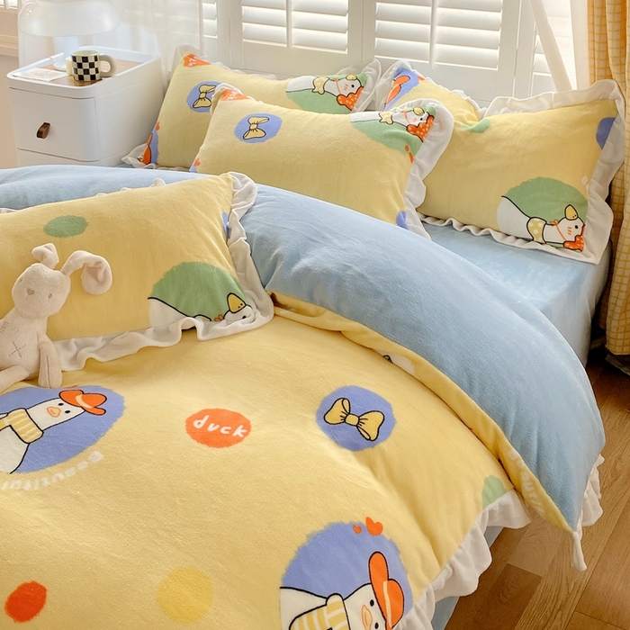 91家纺网 家纺一手货源 找家纺 宜家坊 2023新款直播韩版印花花边款牛奶绒四件套 加油鸭