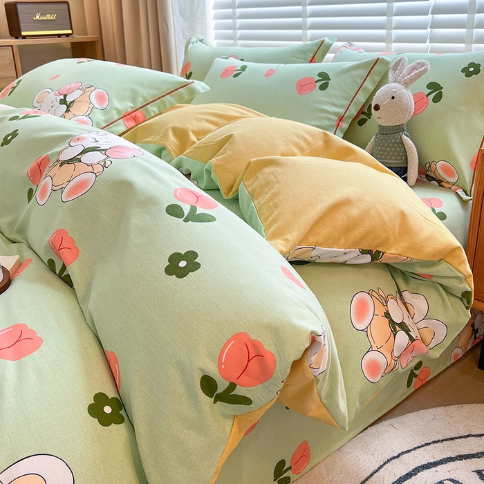 91家纺网 家纺一手货源 找家纺 芃成家纺 2023新品磨毛被套 花花兔-绿