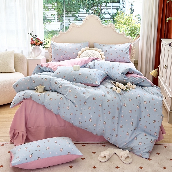 91家纺网 家纺一手货源 找家纺 梦莱斯 2023新款小竺棉印花四件套 花溪蓝