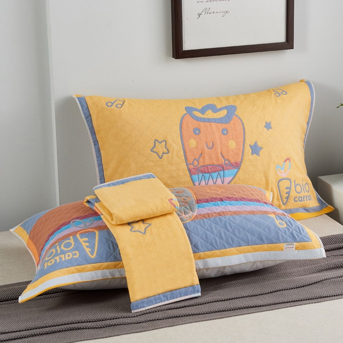 91家纺网 家纺一手货源 找家纺 朴尔-2023新款彩色糖果系列纯棉三层纱布枕巾-朴尔 调皮胡萝卜黄