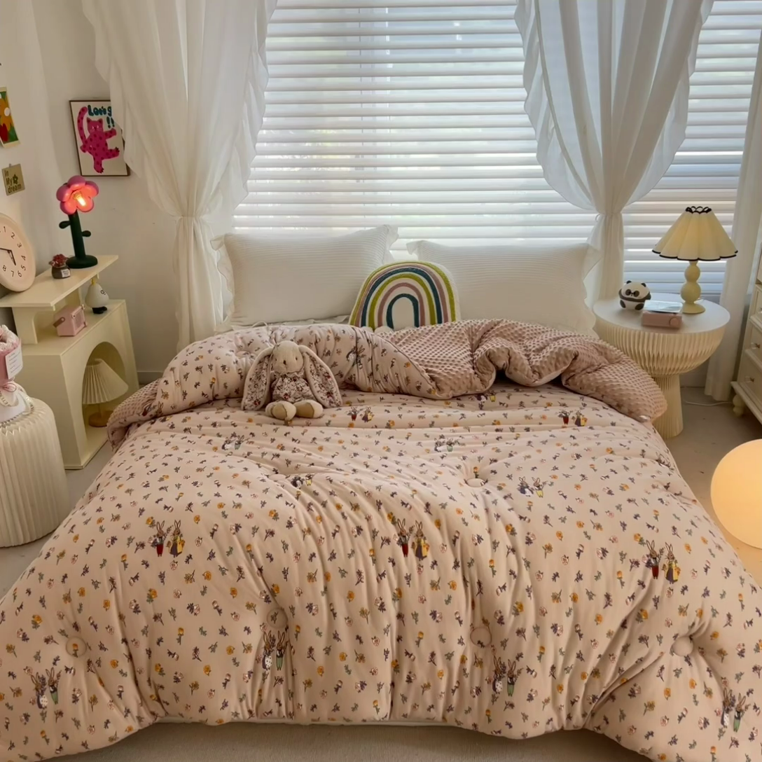 91家纺网 家纺一手货源 找家纺 米菲2023新款A类针织棉豆豆被冬被春秋被被芯被子 花卉兔