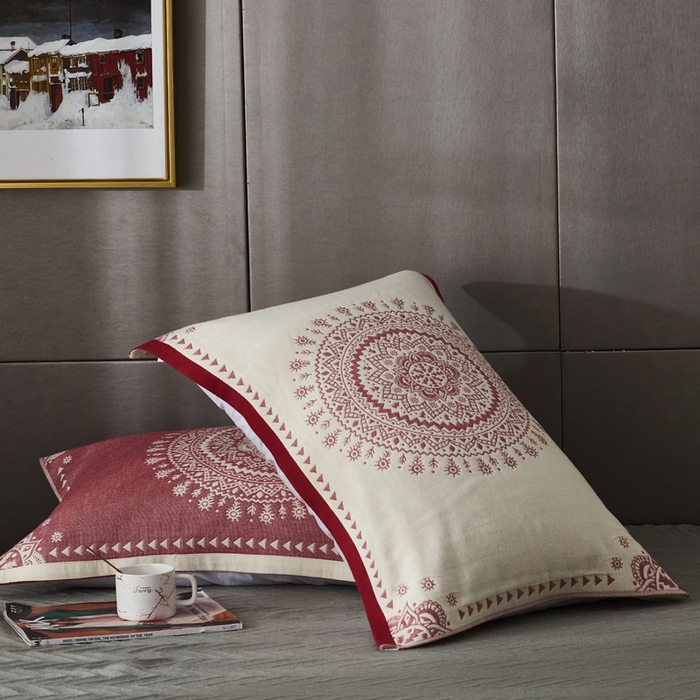 91家纺网 家纺一手货源 找家纺 朴尔-2023新款波西米亚风全棉四层纱布枕巾 52*78 太阳神红