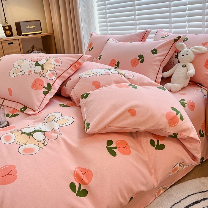 91家纺网 家纺一手货源 找家纺 芃成家纺 2023新品磨毛被套 花花兔-粉