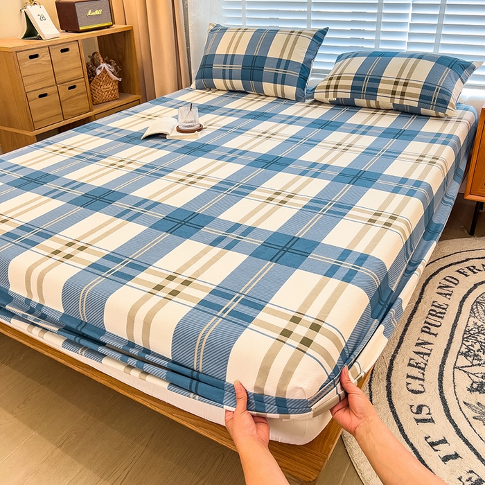 91家纺网 家纺一手货源 找家纺 芃成家纺 2023新款磨毛单床笠 简约格-蓝