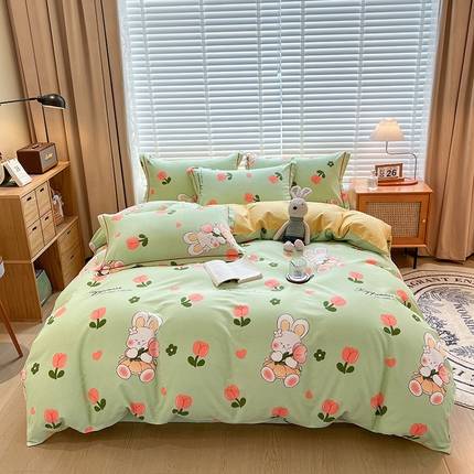 91家纺网 家纺一手货源 找家纺 芃成家纺 2023新品磨毛被套 花花兔-绿