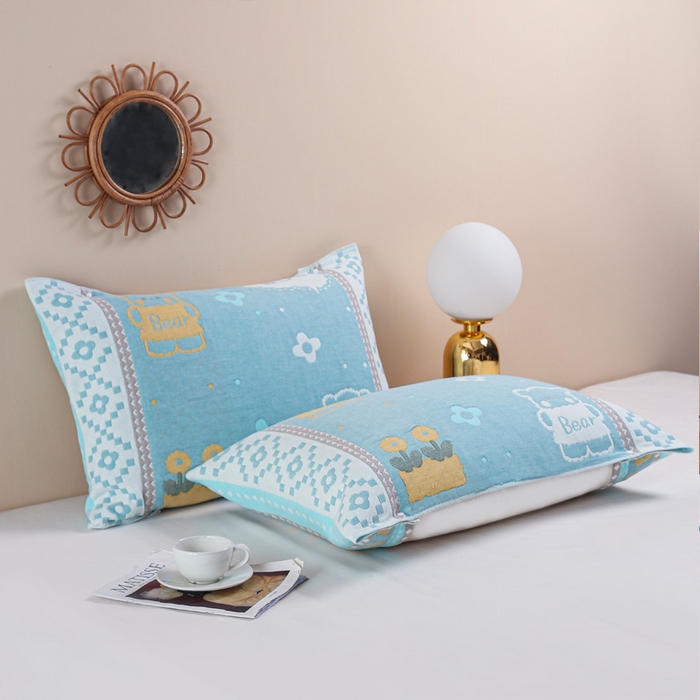 91家纺网 家纺一手货源 找家纺 朴尔-2023新款防滑半包按扣固定式全棉四层纱布枕巾-朴尔 两只小熊兰