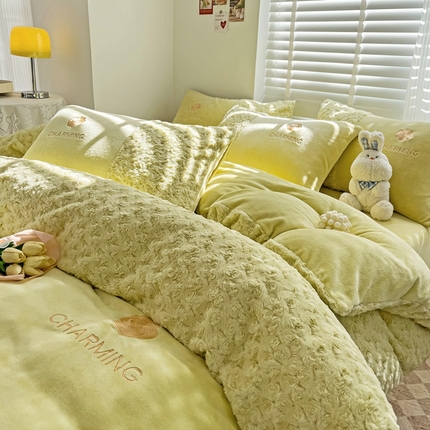 眷恋 2024新款兔毛牛奶绒四件套 玫瑰之恋-抹茶绿