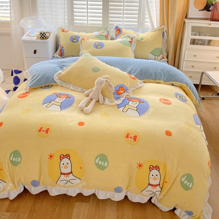 91家纺网 家纺一手货源 找家纺 宜家坊 2023新款直播韩版印花花边款牛奶绒四件套 加油鸭