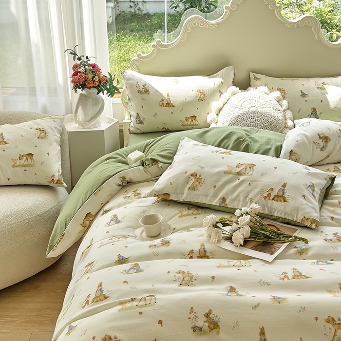 91家纺网 家纺一手货源 找家纺 梦莱斯 2023新款小竺棉印花四件套 比菲兔