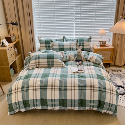 芃成家纺 2023新品磨毛被套 简约格-绿