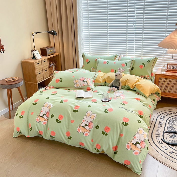 91家纺网 家纺一手货源 找家纺 芃成家纺 2023新品磨毛被套 花花兔-绿