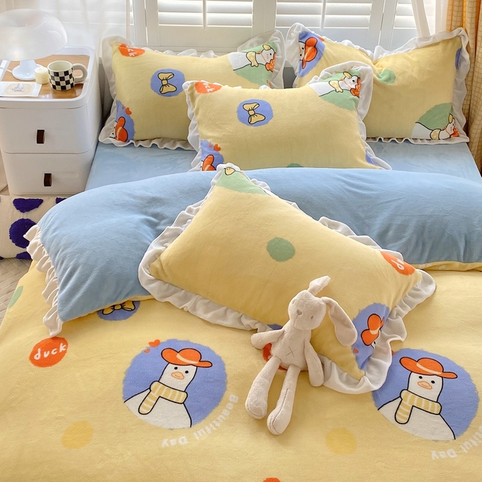 91家纺网 家纺一手货源 找家纺 宜家坊 2023新款直播韩版印花花边款牛奶绒四件套 加油鸭