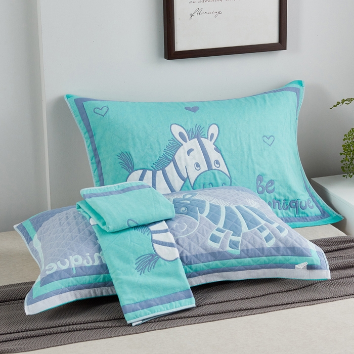 91家纺网 家纺一手货源 找家纺 朴尔-2023新款彩色糖果系列纯棉三层纱布枕巾-朴尔 奔跑的小马绿