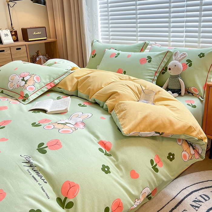 91家纺网 家纺一手货源 找家纺 芃成家纺 2023新品磨毛被套 花花兔-绿