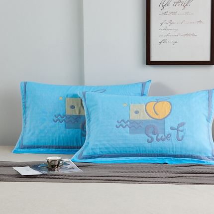 朴尔-2023新款彩色糖果系列纯棉三层纱布枕巾-朴尔 水蜜桃蓝