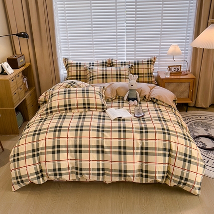 91家纺网 家纺一手货源 找家纺 芃成家纺 2023新款磨毛四件套 经典格-棕