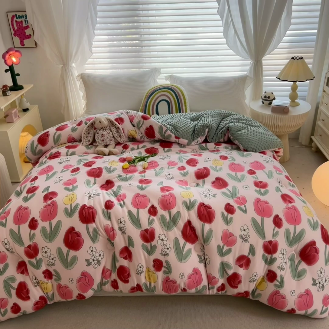 91家纺网 家纺一手货源 找家纺 米菲2023新款A类针织棉豆豆被冬被春秋被被芯被子 郁金香