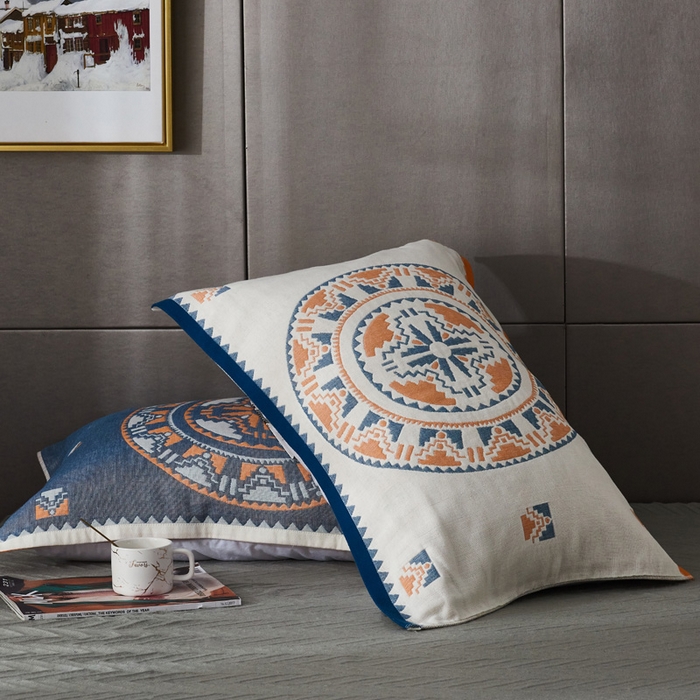 91家纺网 家纺一手货源 找家纺 朴尔-2023新款波西米亚风全棉四层纱布枕巾 52*78 塞尔维亚藏青