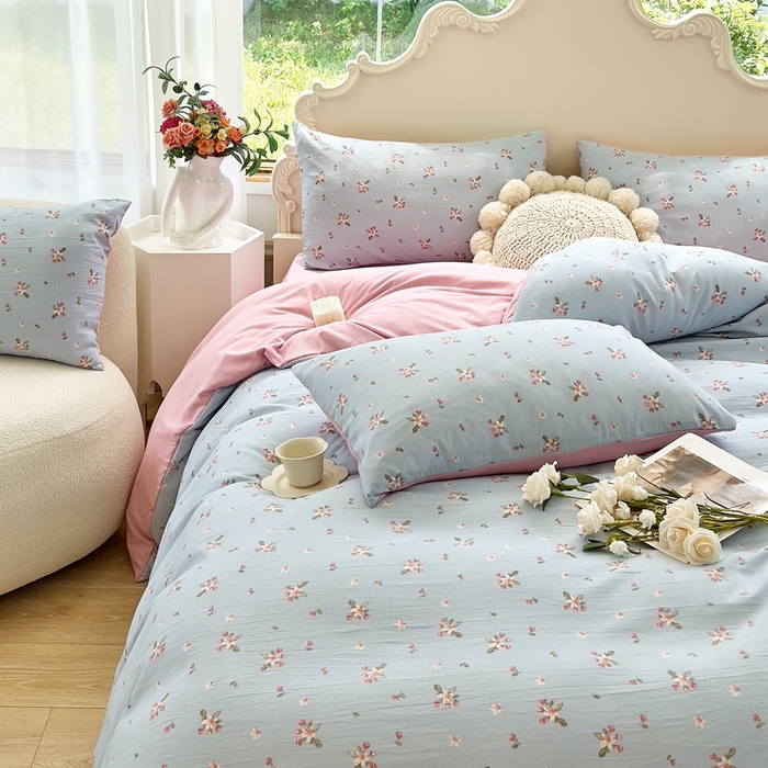 91家纺网 家纺一手货源 找家纺 梦莱斯 2023新款小竺棉印花四件套 花溪蓝