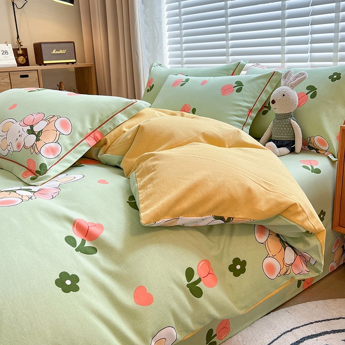 91家纺网 家纺一手货源 找家纺 芃成家纺 2023新品磨毛被套 花花兔-绿