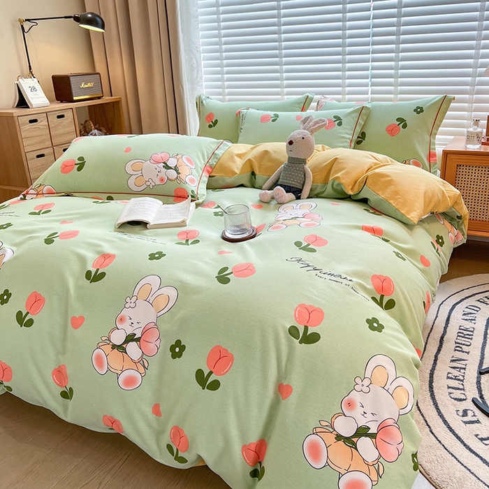 91家纺网 家纺一手货源 找家纺 芃成家纺 2023新品磨毛被套 花花兔-绿