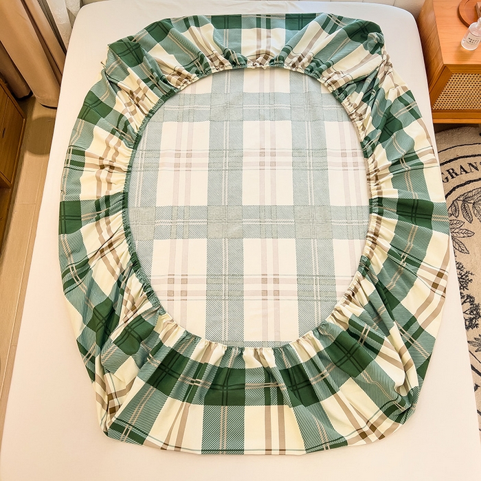 91家纺网 家纺一手货源 找家纺 芃成家纺 2023新款磨毛单床笠 简约格-绿