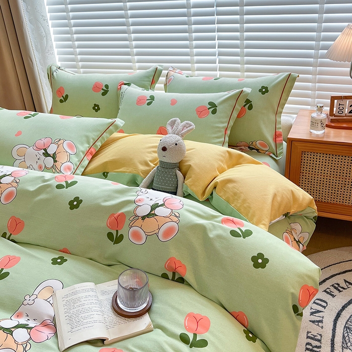 91家纺网 家纺一手货源 找家纺 芃成家纺 2023新品磨毛被套 花花兔-绿